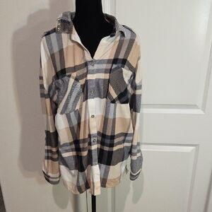 New York Laundry Plaid Button Down Shirt - Tan, Black, White